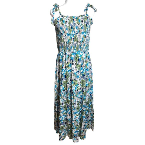 Hayden Sun Dress Maxi Blue Print Rayon Smock Tiered Boho Pockets Womens L - Picture 1 of 14